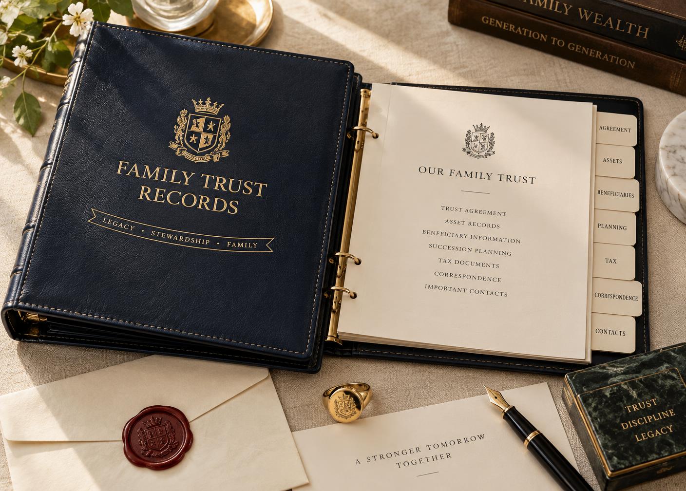 Navy leather Family Trust Records binder with crest, signet ring and wax-sealed letter